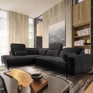 Rohová sedací souprava Samos černá levá moderní design jednoduchý a stylový korpus, který se hodí do každého interiéru nastavitelné opěrky hlavy
