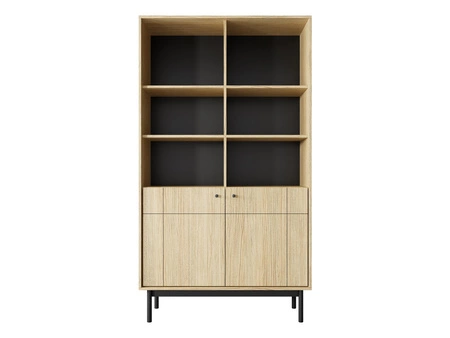 Knihovna Modesta 104 cm dub linea jednoduchý masiv v tlumených barvách decentní kovové úchyty knihovna s dvířky v japonském stylu