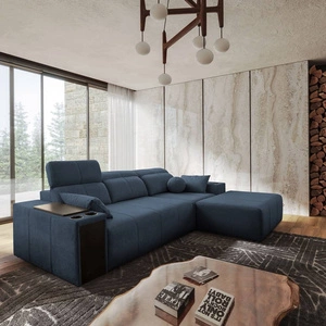 Rohová sedací souprava s funkcí spaní Tesalia modrá pravý roh moderní design pohodlný posuvný opěrák zásuvka v boku nábytku