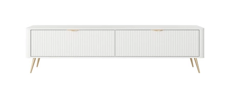 RTV skříň Lante 200 cm bílá moderní design korpusu na vysokých nohách rýhované čelo charakteristický oválný tvar