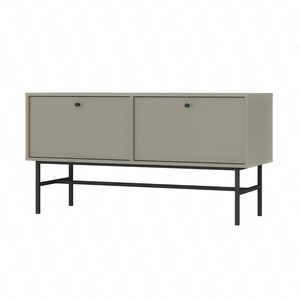 RTV skříň Kioto III 121 cm eukalyptus elegantní skříň s dvířky otevíranými dolů tlumené barvy černý kovový rám