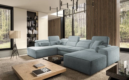 Rohová sedací souprava s funkcí spaní Viano VI šedomodrá pravé provedení rohová sedací souprava pro moderní uspořádání dva kontejnery na lůžkoviny