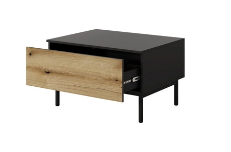 Sestava nábytku Clovis černá / dub evokuje netradiční design tlačit na otevření systému skleněných čel lamel v interiéru nástěnné skříňky