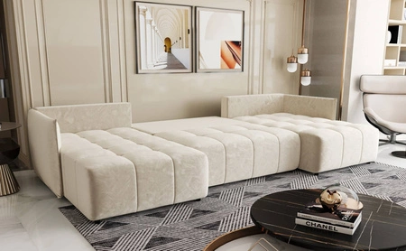 Rohová sedací souprava s funkcí spaní Oroso U béžový kontejner na lůžkoviny měkká sametová tkanina s hydrofobní vrstvou dekorativní prošívání