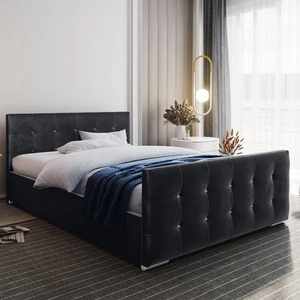 Čalouněná postel Alford 140x200 v grafitové barvě s úložným boxem v moderním skandinávském stylu s prošívaným čelem a nohama s povrchovou úpravou krystaly