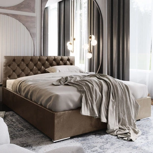 Čalouněná postel Alvorada 160x200 světle hnědá s kontejnerem v moderním skandinávském stylu s prošívaným čelem