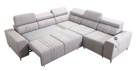 Rohová sedací souprava s funkcí spaní Castel III světle hnědá pravá rohová sedací souprava se dvěma kontejnery na lůžkoviny s nastavitelnými opěrkami hlavy