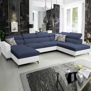 Rohová pohovka s funkcí spaní Savona VI tmavě modrá / bílá levá pohodlná rohová pohovka do obývacího pokoje se dvěma nádobami na lůžkoviny