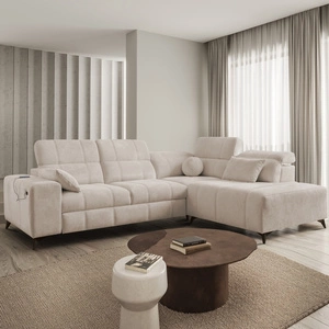 Rohová sedací souprava s funkcí spaní Penejos VII béžová pravostranná stylová rohová sedací souprava s úložným prostorem na lůžkoviny pohodlné polohovatelné opěrky hlavy