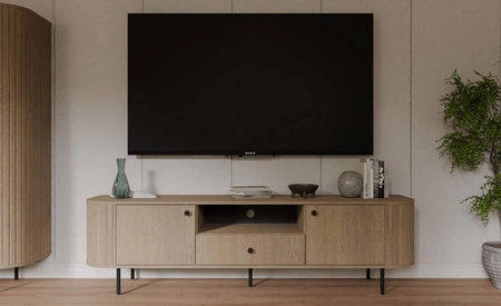 RTV skříňka Ovalio 181 cm dub cremona netradiční TV skříňka do obývacího pokoje kovové dekorativní doplňky frézování