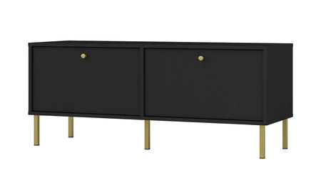 RTV skříň Kioto II 121 cm černá grafitová elegantní skříň s dvířky otevíranými dolů nadčasové barvy kovový podstavec