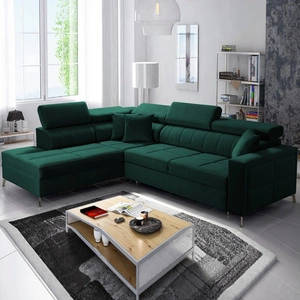 Rohová sedačka s funkcí spaní Nausa III láhev zelená levá sametová pohodlná rohová sedačka nastavitelné opěrky hlavy kontejner na lůžkoviny