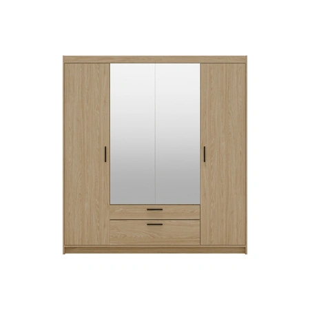 Zrcadlová šatní skříň Rene 176 cm olejovaný dub stylový design černé úchytky ideální šatní skříň do ložnice prostorné zásuvky