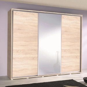 Posuvná šatní skříň se zrcadlem Penelope 255 cm světlý dub sonoma moderní designová šatní skříň hliníková vodítka dveří a pojezdový systém