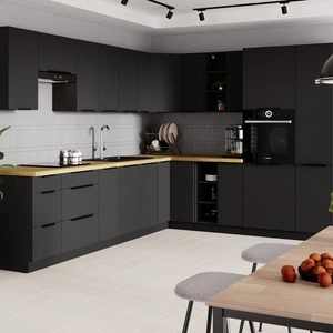 Rohová kuchyňská sestava nábytku Černá 310x250 cm kovové hrany úchytek skříňky vypadají skvěle v moderních interiérech