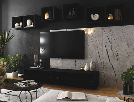 Nástěnná skříňka Lindos černá / lesklá černá stylový design, který se hodí k jakékoli interiérové nástěnné skříňce RTV skříňka s možností zavěšení