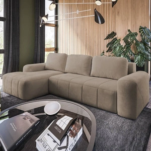 Rohová sedací souprava s funkcí spaní Bovec tmavě béžová levá stylová rohová sedací souprava s ergonomickým tvarem hydrofobní látka