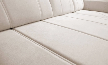 Rohová sedací souprava s funkcí spaní Cetara II béžová pravá strana stylový design posuvné opěrky zad nastavitelné opěrky hlavy a kontejner na lůžkoviny