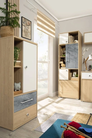 Cary nízká knihovna 60 cm dub biskvit / bílá / beton ideální do pokoje pro mládež velmi užitečná má moderní vzhled knihovna se zásuvkami