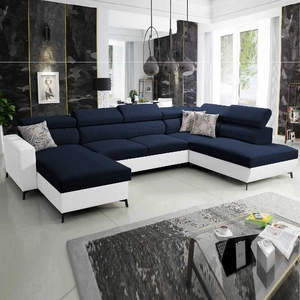 Rohová sedací souprava s funkcí spaní Savona VI tmavě modrá / bílá levá elegantní a pohodlná rohová sedací souprava do obývacího pokoje dvě nádoby na lůžkoviny