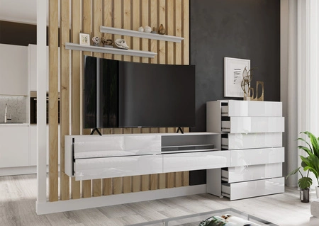 Nástěnná skříňka Almiros bílá / bílý lesk moderní design systém zásuvek push to open obývací stěna s komodou