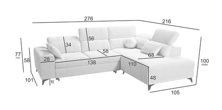 Rohová pohovka s funkcí spaní Penejos VII šedá pravá rohová stylová pohovka s úložným prostorem na lůžkoviny pohodlné nastavitelné opěrky hlavy
