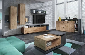 Sestava nábytku do obývacího pokoje Bota antracit / ribbec dub asymetrické tvary vytvářejí jedinečnou kombinaci funkčnosti a modernosti