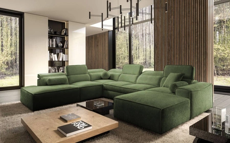 Rohová sedačka s funkcí spaní Viano X zelená pravostranná designová rohová sedačka do obývacího pokoje v moderním stylu s nastavitelnými opěrkami hlavy