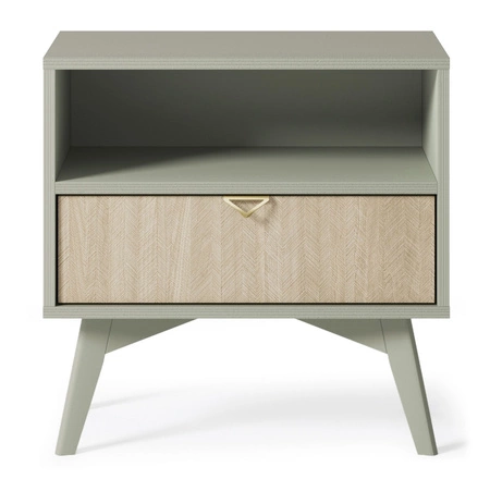 Wald eukalyptus / béžová rybí kost noční stolek se zásuvkou ideální skříňka do ložnice vkusný dekor rybí kosti na čele zásuvky