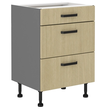 Rohová kuchyňská sestava nábytku Chevron 295x160 cm čela s dekorativním dekorem rybí kosti skříňky vypadají skvěle v klasických i moderních interiérech