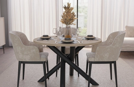 Kulatý stůl Lyon 110 cm dub lindberg / černý designový jídelní stůl na kovových pavoučích nohách výškově nastavitelný