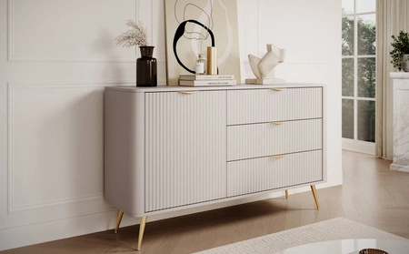 Zásuvková komoda Lante 138 cm béžová elegantní zaoblená komoda na kovovém podstavci se stylovými úchyty