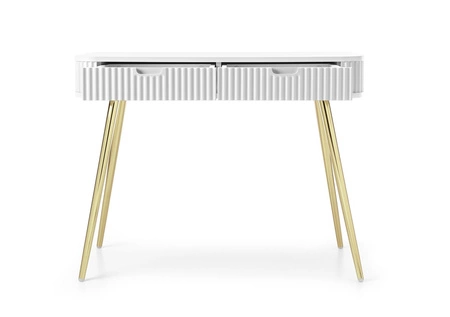 Bílá konzola Zoya se zásuvkami stylový a funkční toaletní stolek zakřivený masivní tvar rýhovaná čela zásuvek zlaté nohy