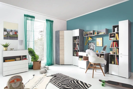 Regál Epsilon 110 cm beton / bílá / dub moderní a praktický funkční nábytek do pokoje pro mládež