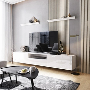 Ekali 258 cm bílá / bílá lesklá nástěnná skříňka RTV s policemi elegantní a stylový design, který se hodí do každého interiéru