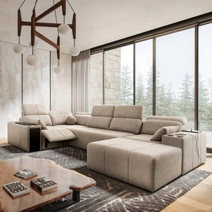 Rohová pohovka s funkcí spaní Tesalia IV Lux béžová pravostranná stylová rohová pohovka s výsuvnou opěrkou nohou a posuvnou funkcí opěradla