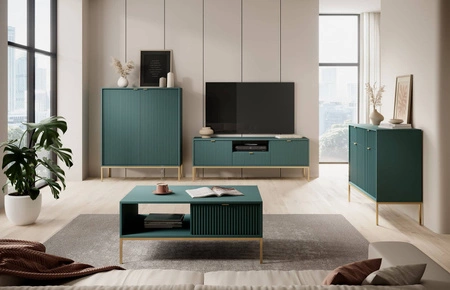 Moderní designová komoda Lovro 104 cm v pastelově zelené barvě obohacená zlatem potěší milovníky výrazných interiérů