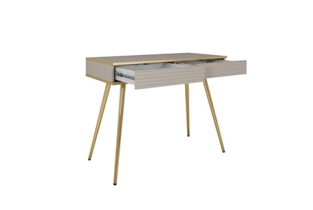 Luxusní béžová konzola se zásuvkami elegantní toaletní stolek s drážkovanými čely vysoké zlaté nohy tělo doplněné zlatým lemováním