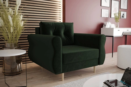 Křeslo Wilkins lahvově zelené elegantní křeslo do obývacího pokoje s prostorným a měkkým sedákem dřevěné nohy dodávají optickou lehkost