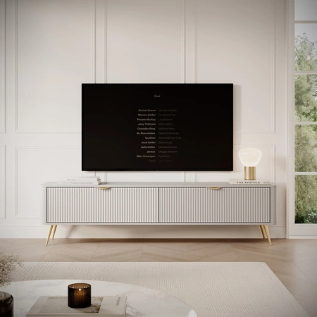 RTV skříň Lante 200 cm béžová moderní design korpusu na vysokých nohách drážkované čelo charakteristický oválný tvar