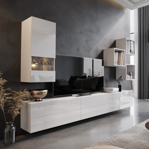 Nástěnná skříňka Peritia bílá / bílý lesk Minimalistický design nástěnné skříňky pro obývací pokoj nebo zasedací místnost Systém push to open