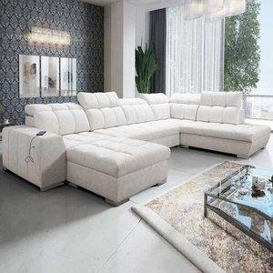 Luigi VI rohová pohovka s funkcí spaní světle béžová levá stylová rohová pohovka s kontejnery na lůžkoviny potažená měkkou látkou