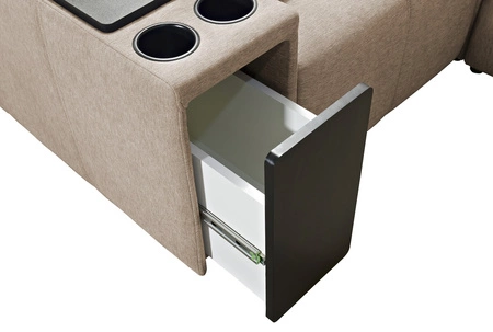 Rohová sedací souprava s funkcí spaní Tesalia med pravý roh moderní design pohodlný posuvný opěrák zásuvka v boku nábytku