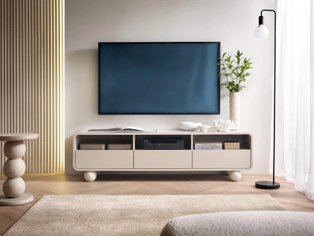 RTV skříňka Bion 160 cm béžová stylová TV skříňka v originálním stylu zaobleného tvaru designové kulovité nohy