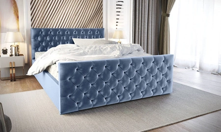 Čalouněná postel Viamao 140x200 modrá s kontejnerem v moderním skandinávském stylu s prošívaným čelem a nohou