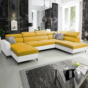Rohová pohovka s funkcí spaní Savona VI žlutá / bílá levá elegantní a pohodlná rohová pohovka do obývacího pokoje dva kontejnery na lůžkoviny