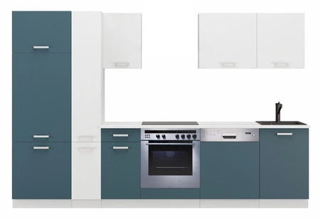 Kuchyňská sestava Toni 300 cm bílá / mořská s pracovní deskou vypadá skvěle v moderních interiérech