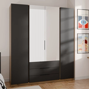 Zrcadlová šatní skříň Kastano III 200 cm dub evoke / černá stylová designová šatní skříň do ložnice kovové hrany úchytky