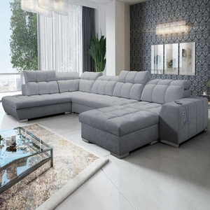 Rohová pohovka Luigi VI s funkcí spaní šedá pravostranná stylová rohová pohovka s kontejnery na lůžkoviny potažená měkkou látkou