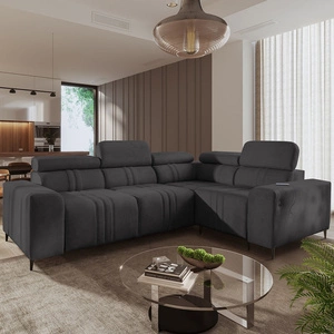 Rohová sedací souprava s funkcí spaní Castel II grafitová pravá pohodlná rohová sedací souprava s polohovatelnými opěrkami hlavy kontejner na lůžkoviny